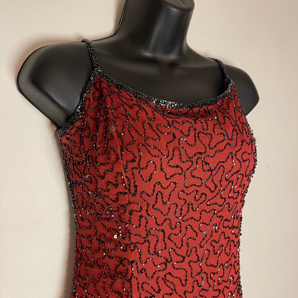 Je Matadi Chic Red Dress with Black Beading